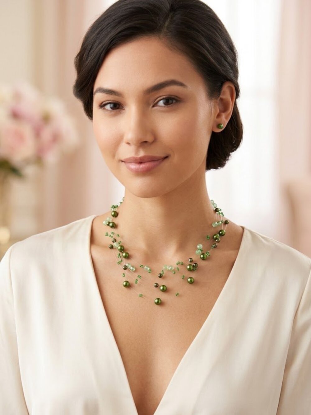 Forest Green Pearl Illusion Necklace and Earrings Set